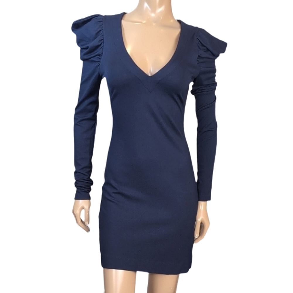 French Connection Puff Sleeve Mini Dress Womens Size 6 Blue Ponte Long Sleeve